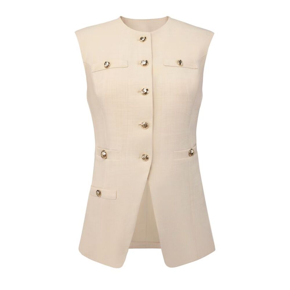 Women Summer Casual Sleeveless Crew Neck Button Down Waistcoat Beige